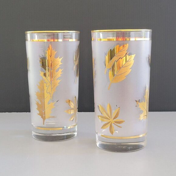 MCM Libbey Golden Foliage Tumbler Set of 2, Gold Leaves & Rim on Frosted Glass - Picture 1 of 11